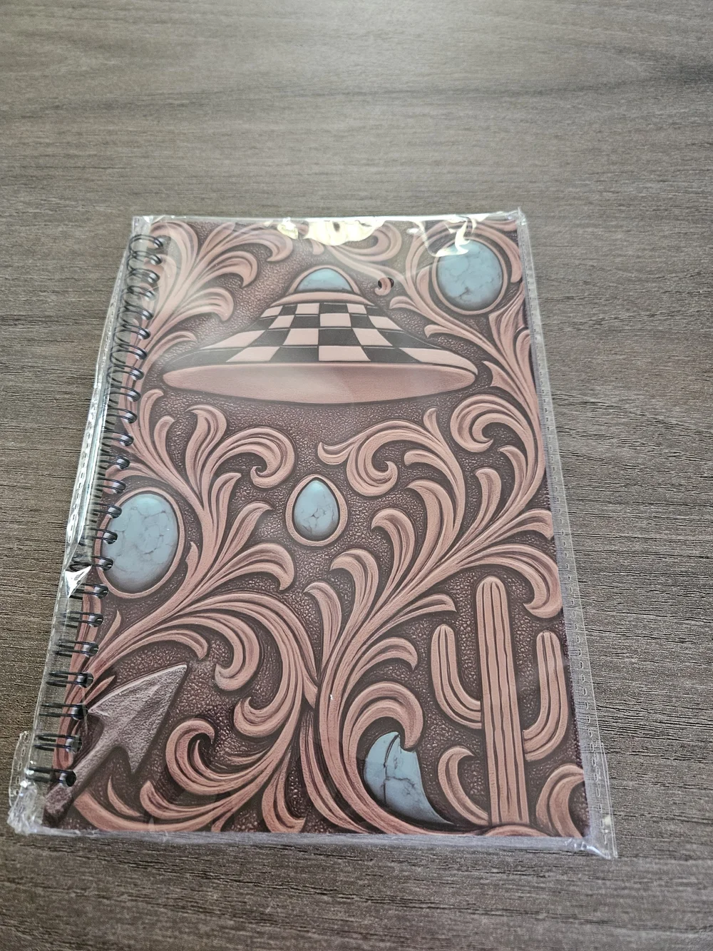 Spiral Notebook with Tan Swirl & Turquoise Gem Cover